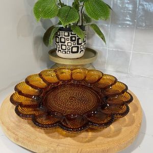 Amber color, vintage, deviled egg, glass serving plate.